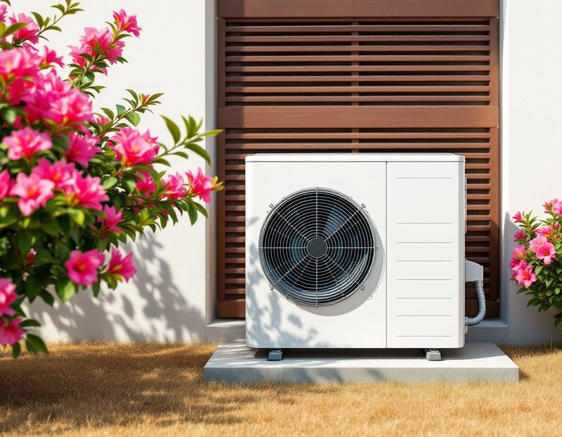 Groupe extérieur de climatisation dans un jardin, entre les lauriers-roses